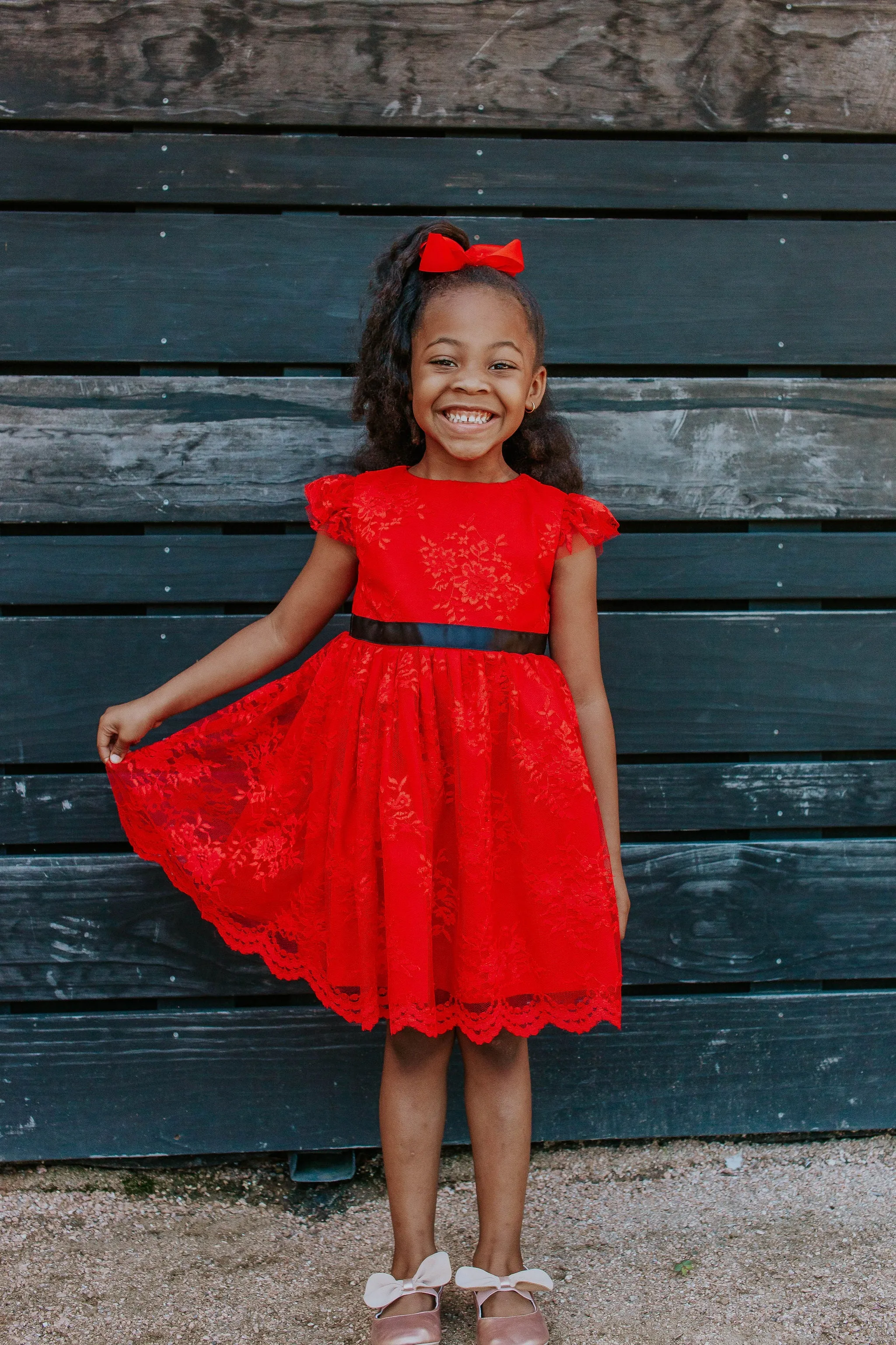 Little Girl's White Lace Dress with Black Satin Sash