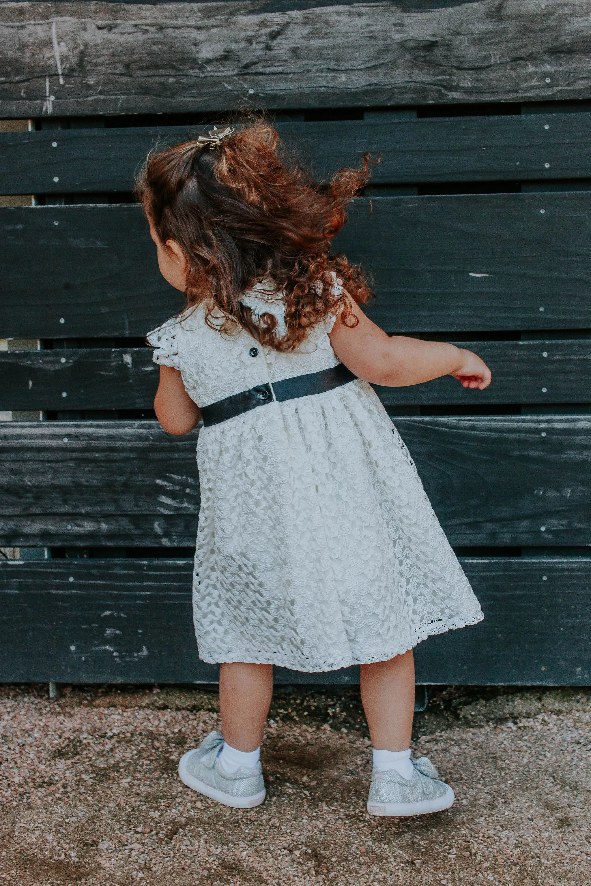 Little Girl's White Lace Dress with Black Satin Sash