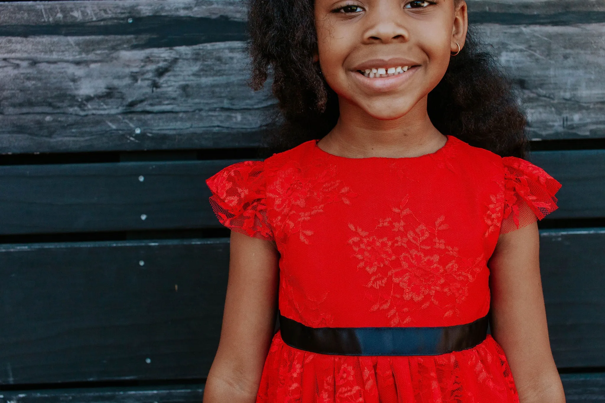 Little Girl's White Lace Dress with Black Satin Sash