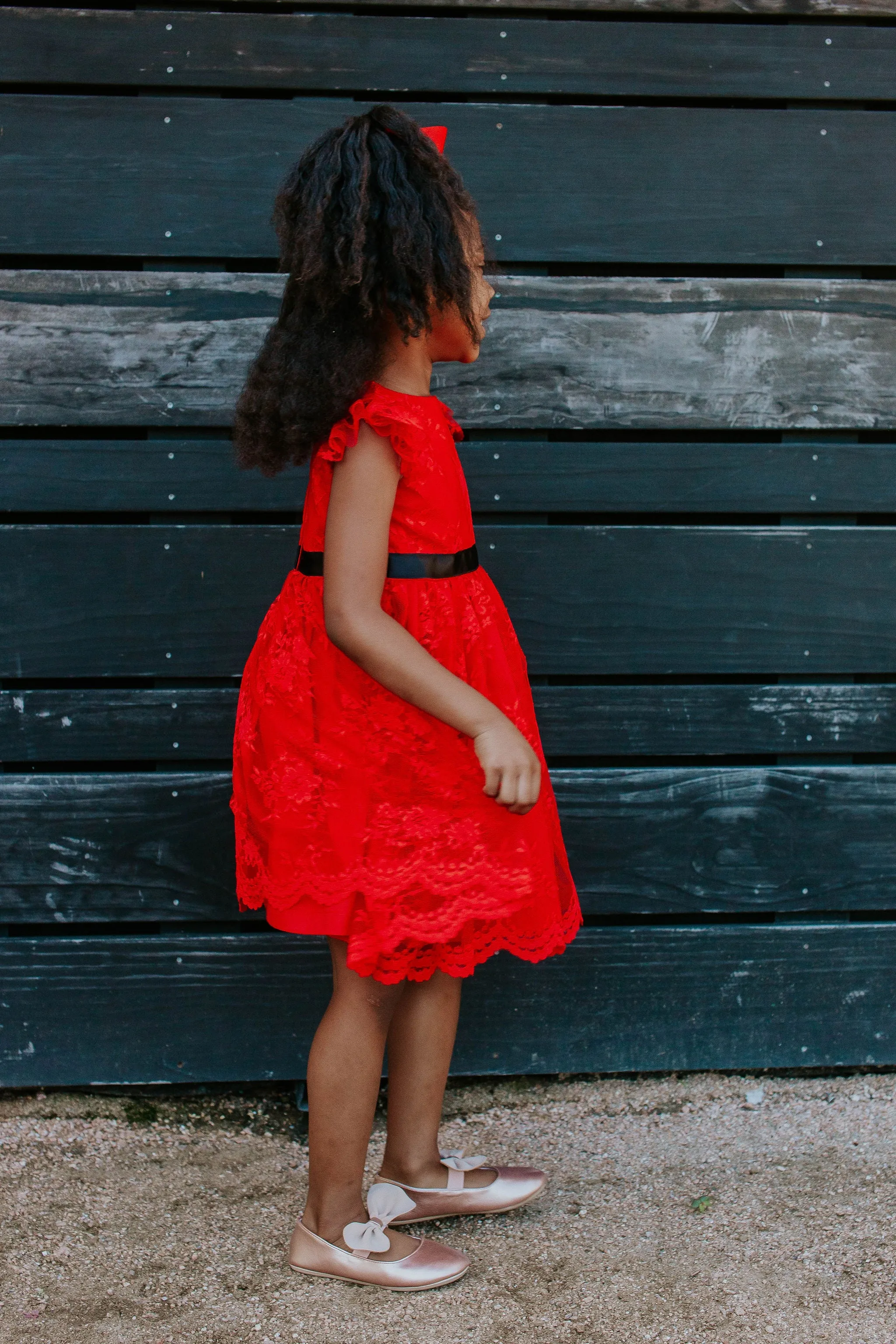 Little Girl's White Lace Dress with Black Satin Sash