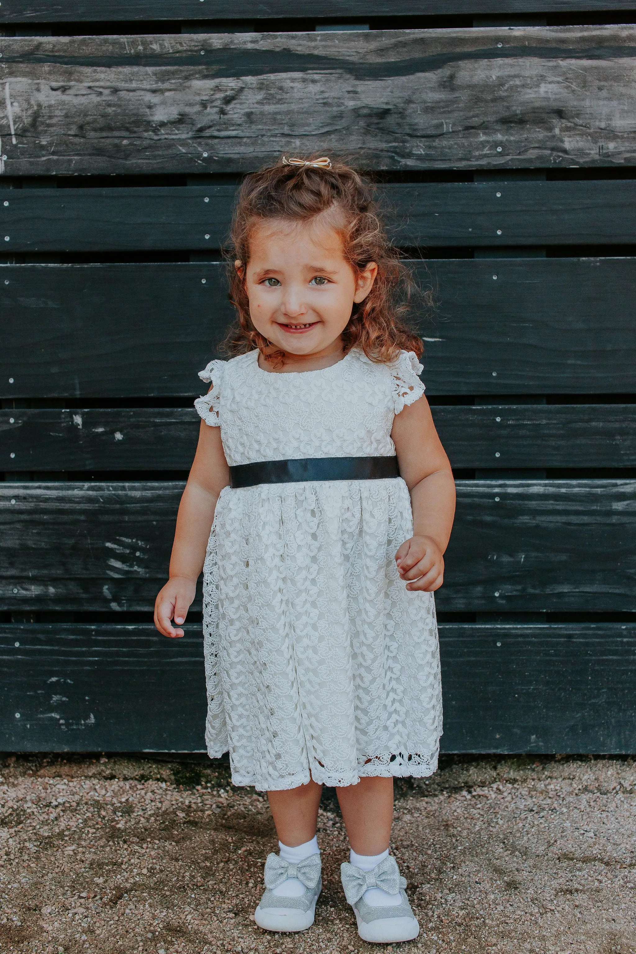 Little Girl's White Lace Dress with Black Satin Sash