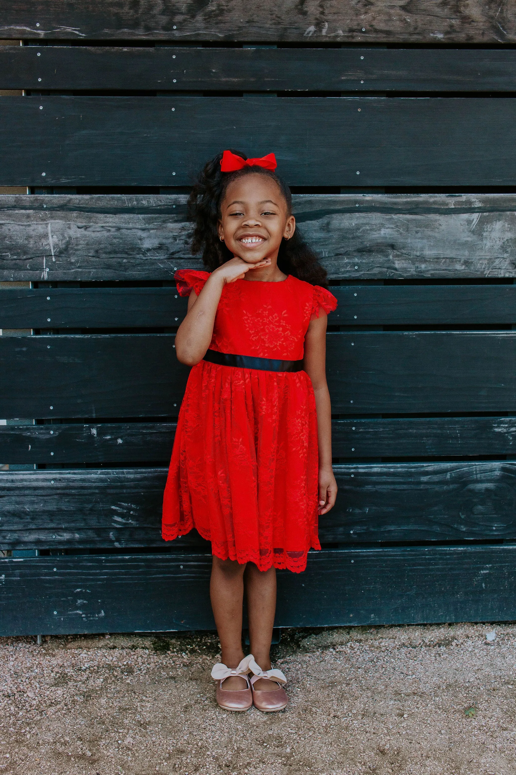 Little Girl's White Lace Dress with Black Satin Sash