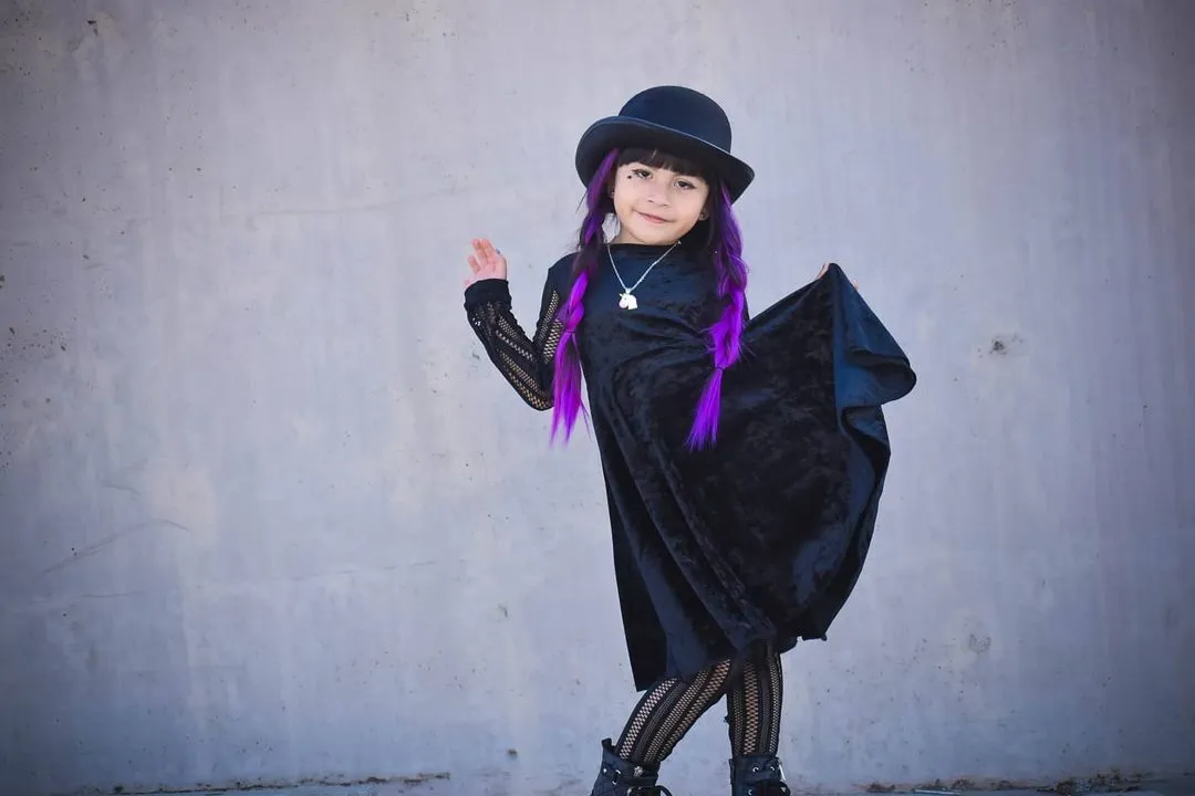 Little Goth Girl Dress~ Black Velvet Skirt Toddler Big Girls