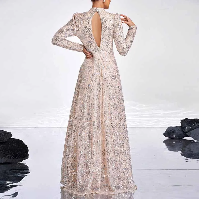 Long Sleeve Gold Seequin Prom Dress Wedding Ball Gowns Event Dress