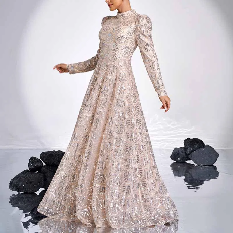 Long Sleeve Gold Seequin Prom Dress Wedding Ball Gowns Event Dress