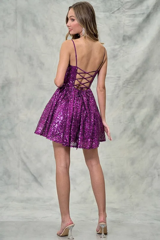 Magenta Sleeveless Sequin Tie Back Mini Dress