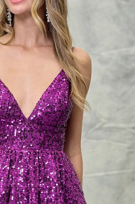 Magenta Sleeveless Sequin Tie Back Mini Dress