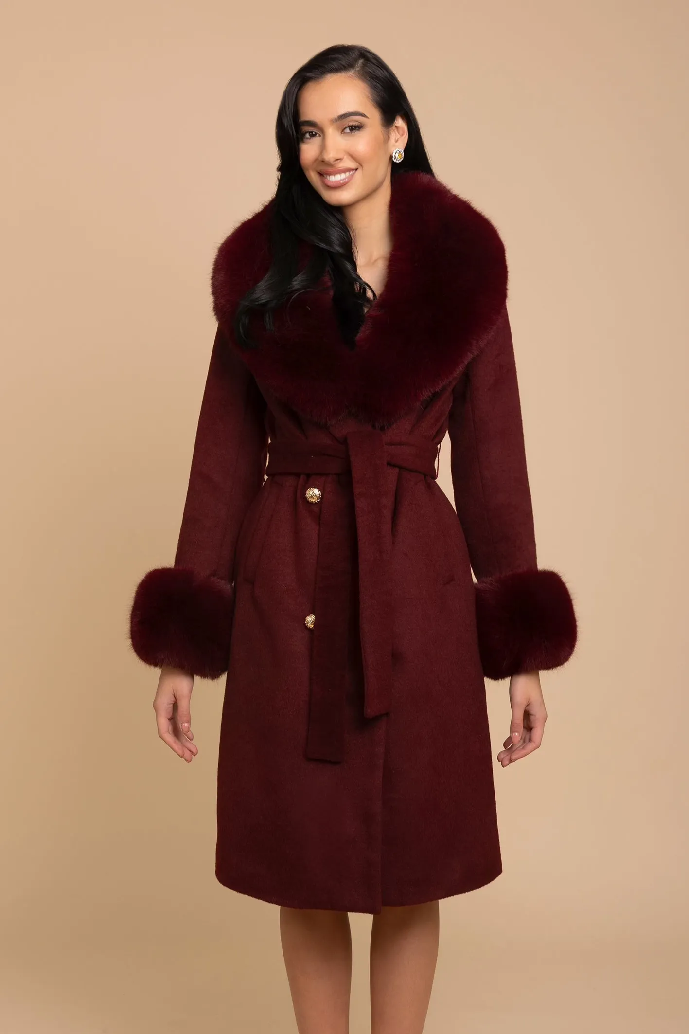 'Marlene' Cashmere and Wool Coat with Faux Fur in Rosso