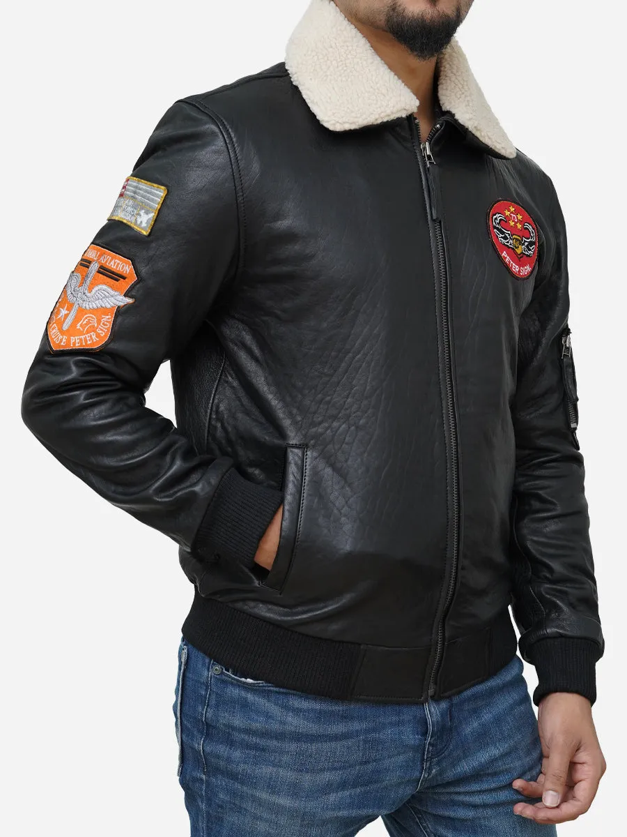 Men's Black Genuine Leather Jacket With Shearling Collar