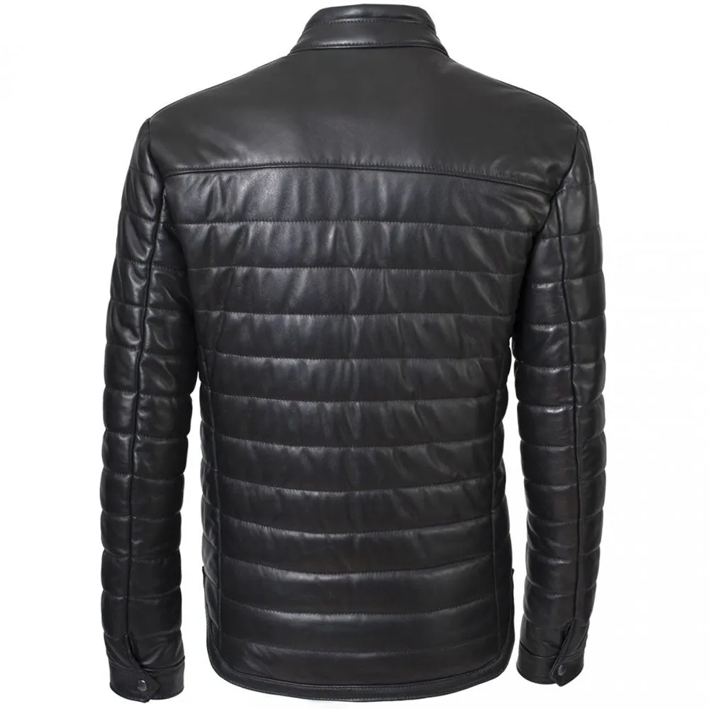 Mens Black Genuine Leather Winter Puffer Jacket