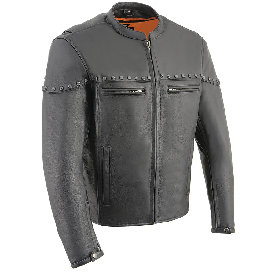 Men’s Black Leather Racer Jacket with Skull Hardware