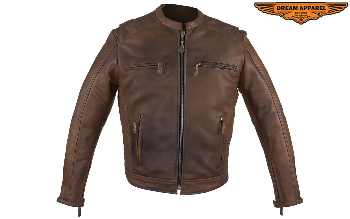 Men's Brown Naked Cowhide Leather Diamond Jacket