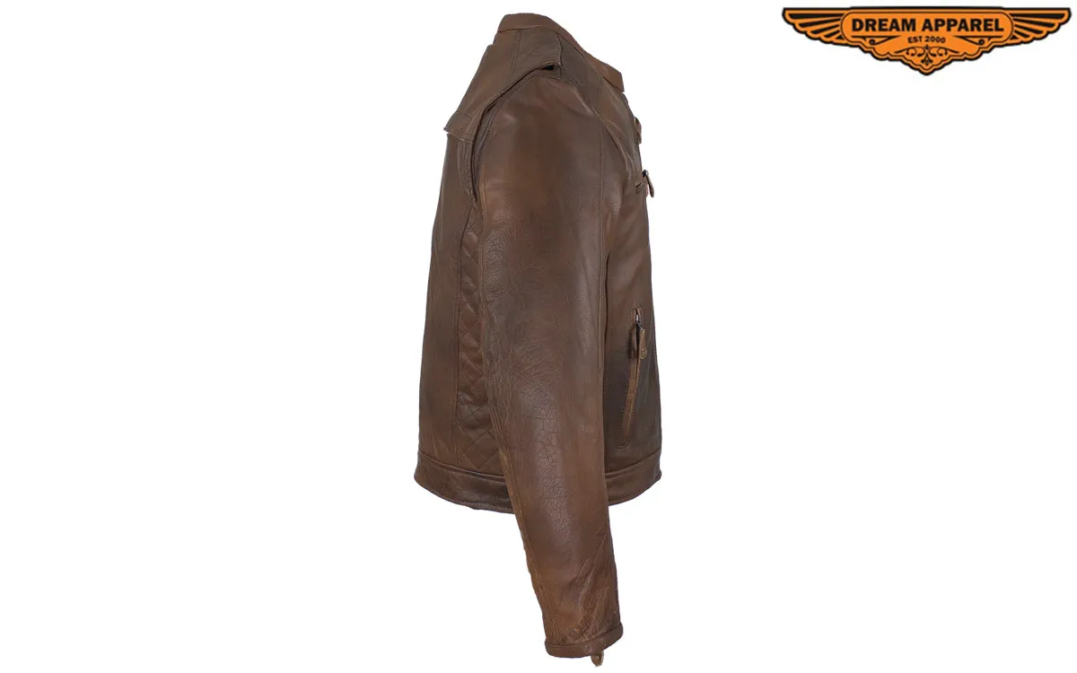 Men's Brown Naked Cowhide Leather Diamond Jacket