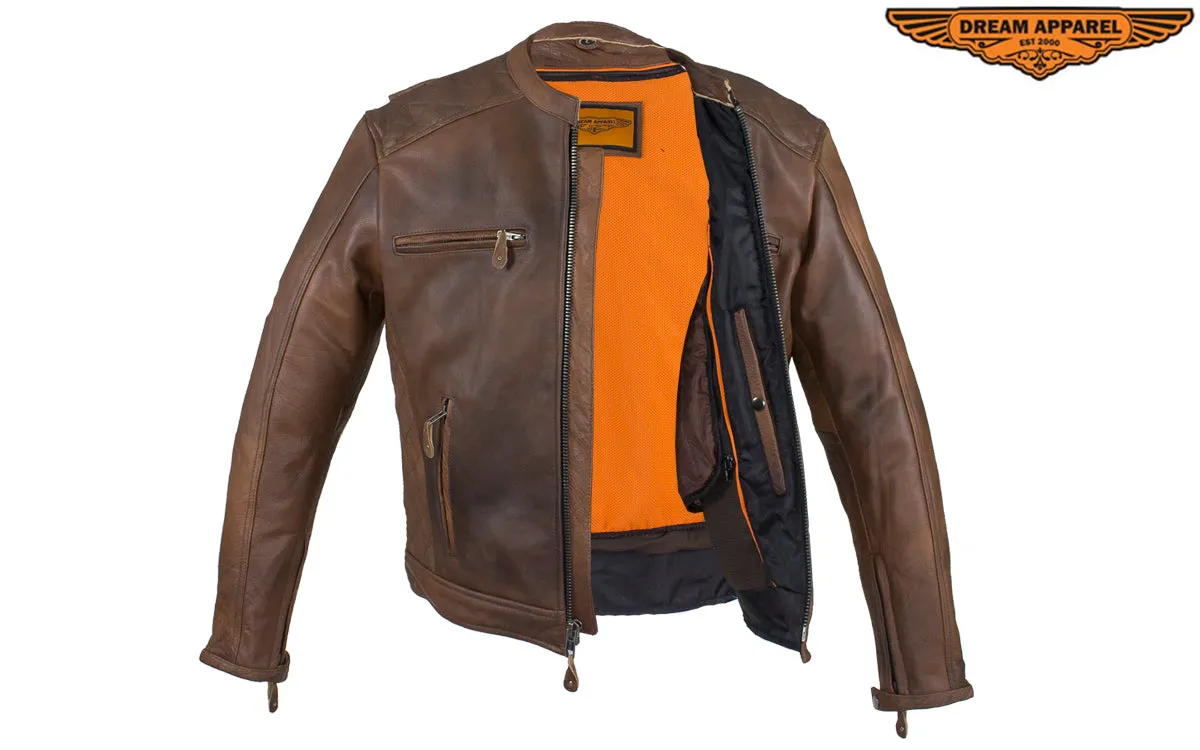 Men's Brown Naked Cowhide Leather Diamond Jacket