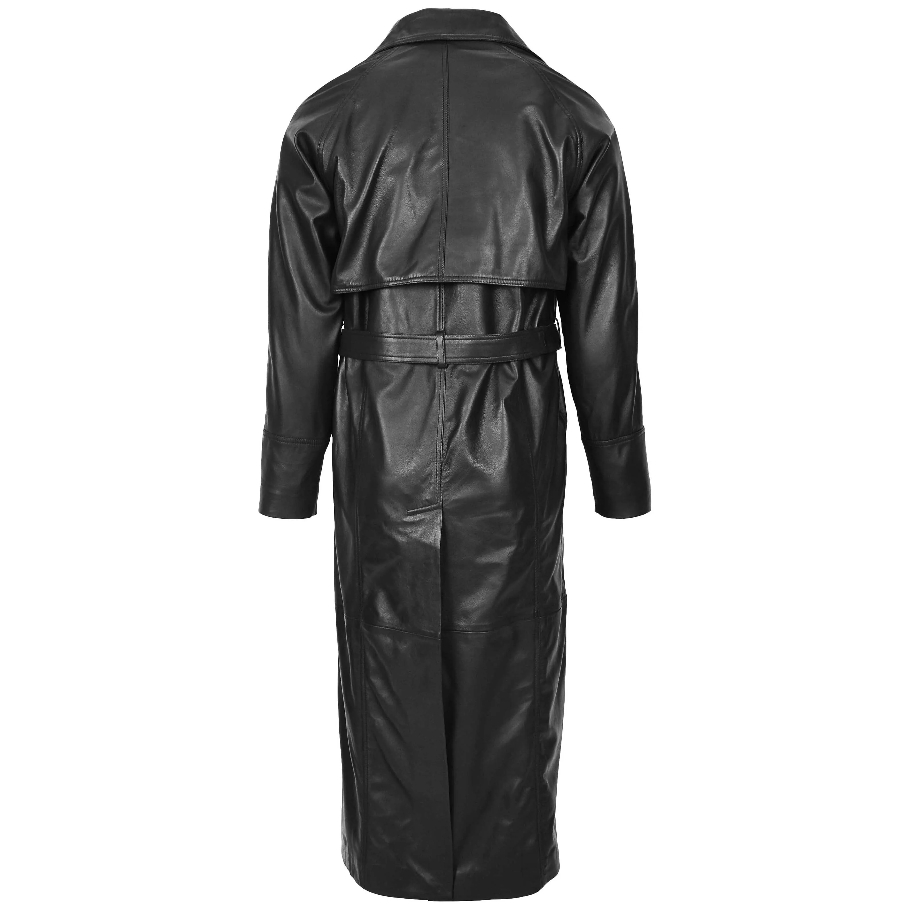 Mens Full Length Double Breasted Leather Coat Pete Black