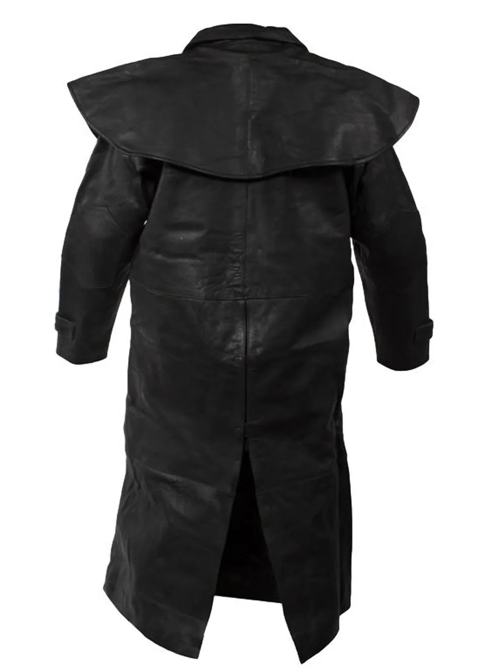 Mens Genuine Leather Biker Motorcycle Black Duster Coat Leg Strap & Removable Cape