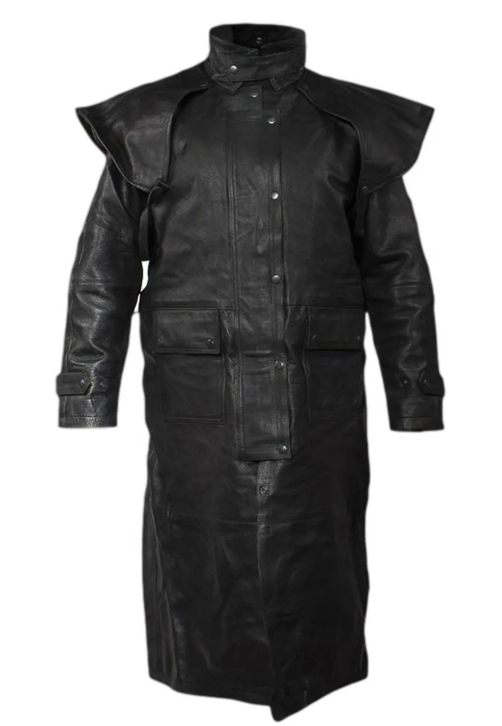 Mens Genuine Leather Biker Motorcycle Black Duster Coat Leg Strap & Removable Cape