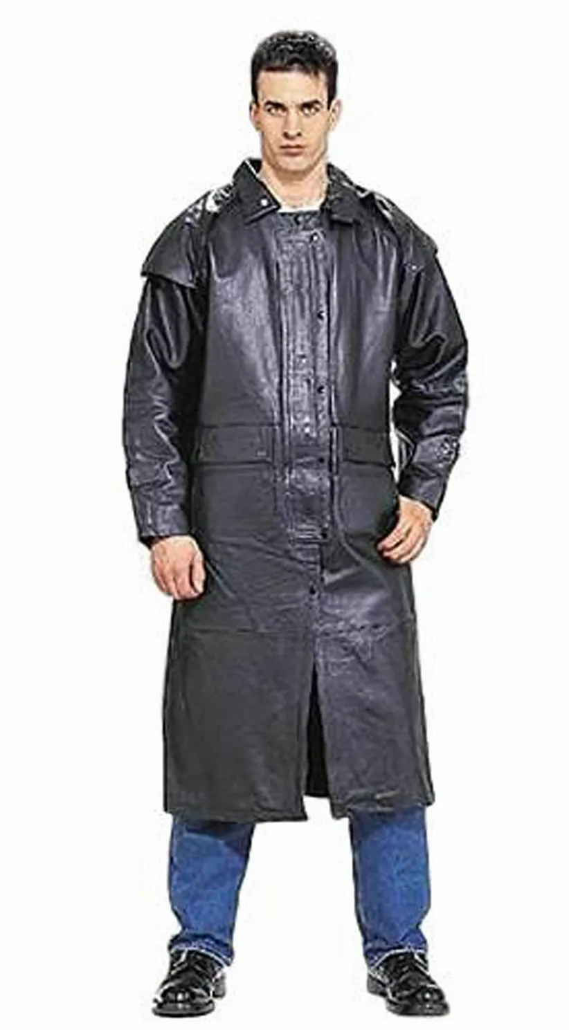 Mens Genuine Leather Biker Motorcycle Black Duster Coat Leg Strap & Removable Cape