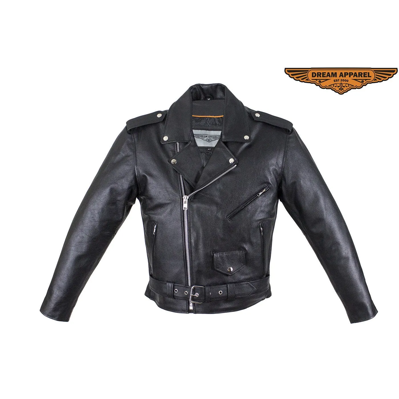 Mens Motorcycle Jacket With Snap Down Collar & Belt