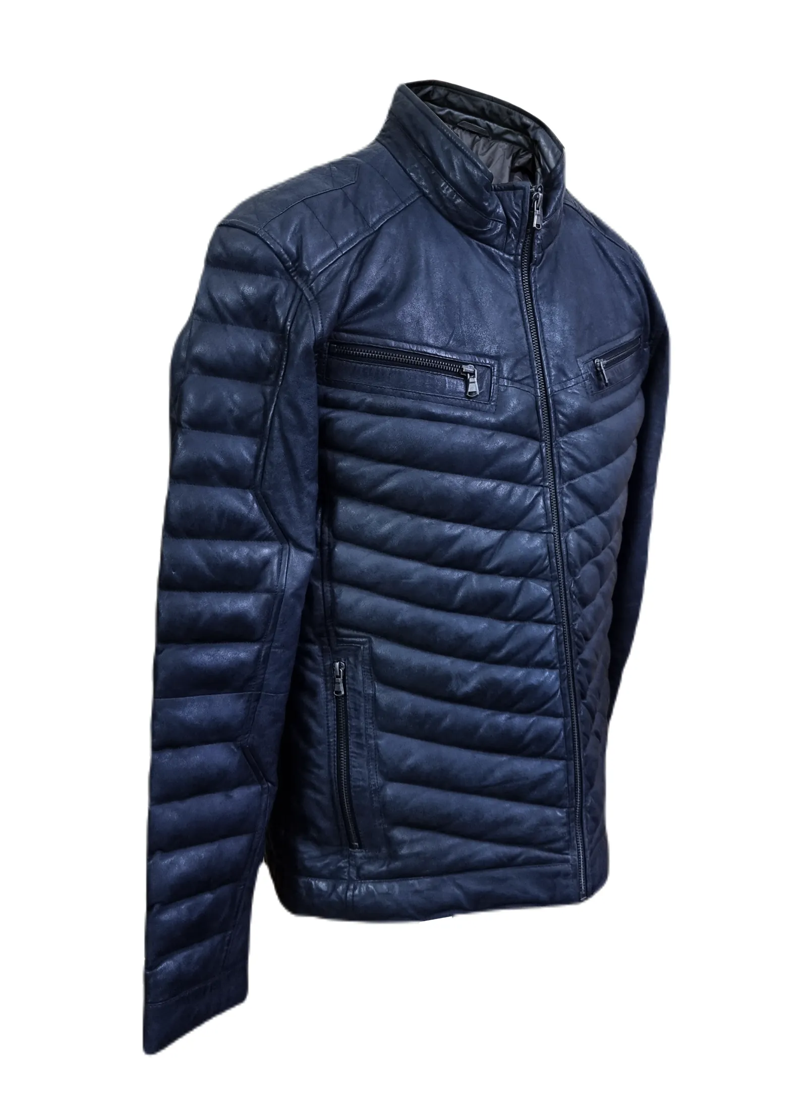 Mens Real Leather Jacket Biker Style Lambskin Blue Leather Stylish Quilted Puffer Jacket - ELM45