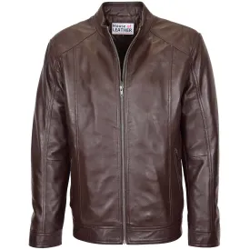 Mens Soft Leather Casual Plain Zip Jacket Matt Brown