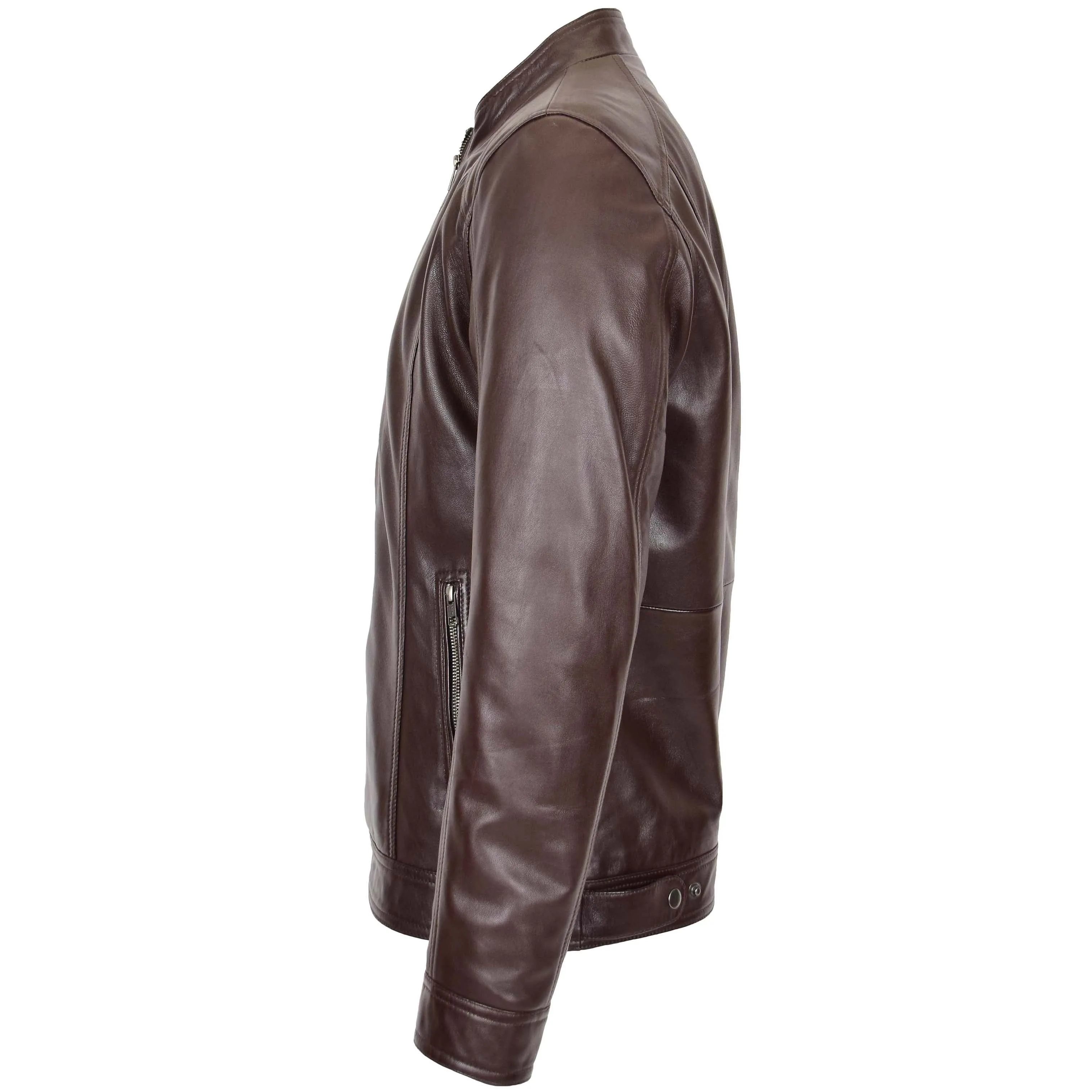 Mens Soft Leather Casual Plain Zip Jacket Matt Brown