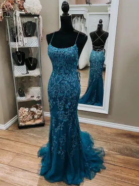 Mermaid Backless Dark Teal Lace Long Prom, Mermaid Teal Lace Formal, Teal Lace Evening