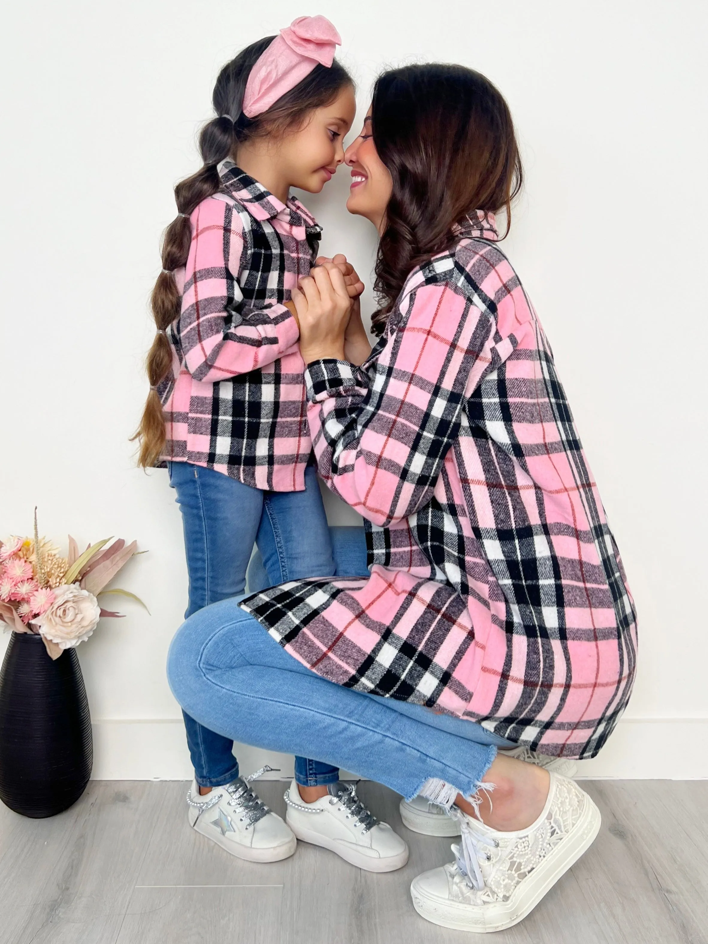 Mommy and Me Pink and Black Plaid Flannel Shacket