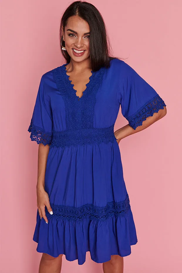 Niki Cobalt Lace Trim Dress