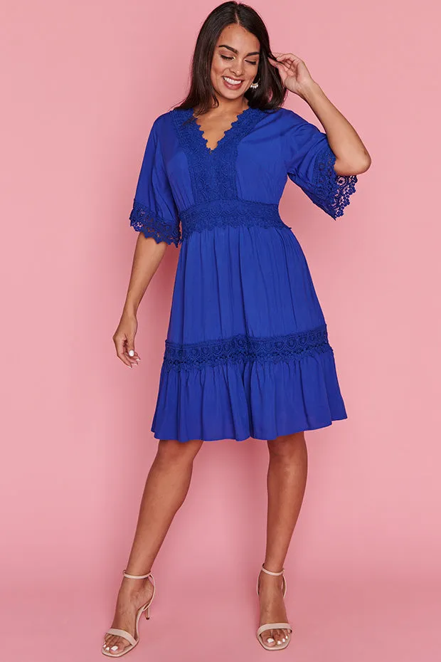 Niki Cobalt Lace Trim Dress