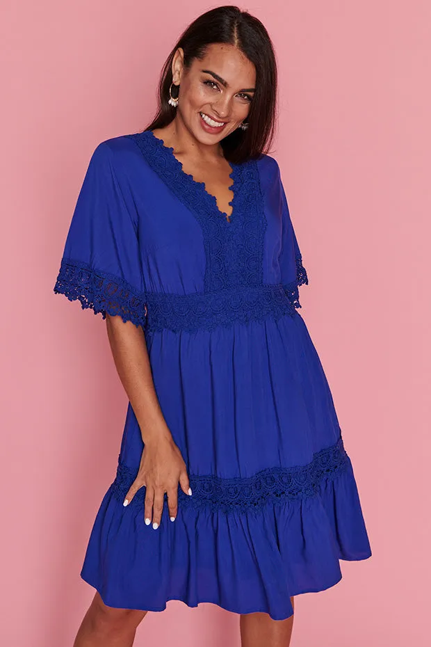 Niki Cobalt Lace Trim Dress