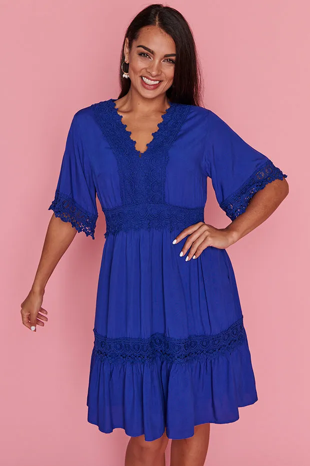 Niki Cobalt Lace Trim Dress