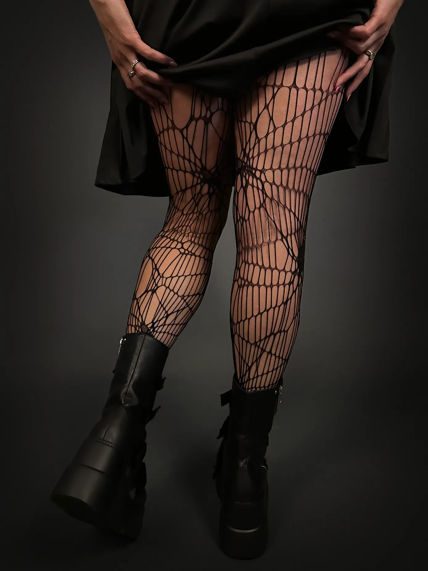 Outfit Set - Black Ribbon Lace-up Front A-line Goth Dress & Spider Web Tights Punk Style