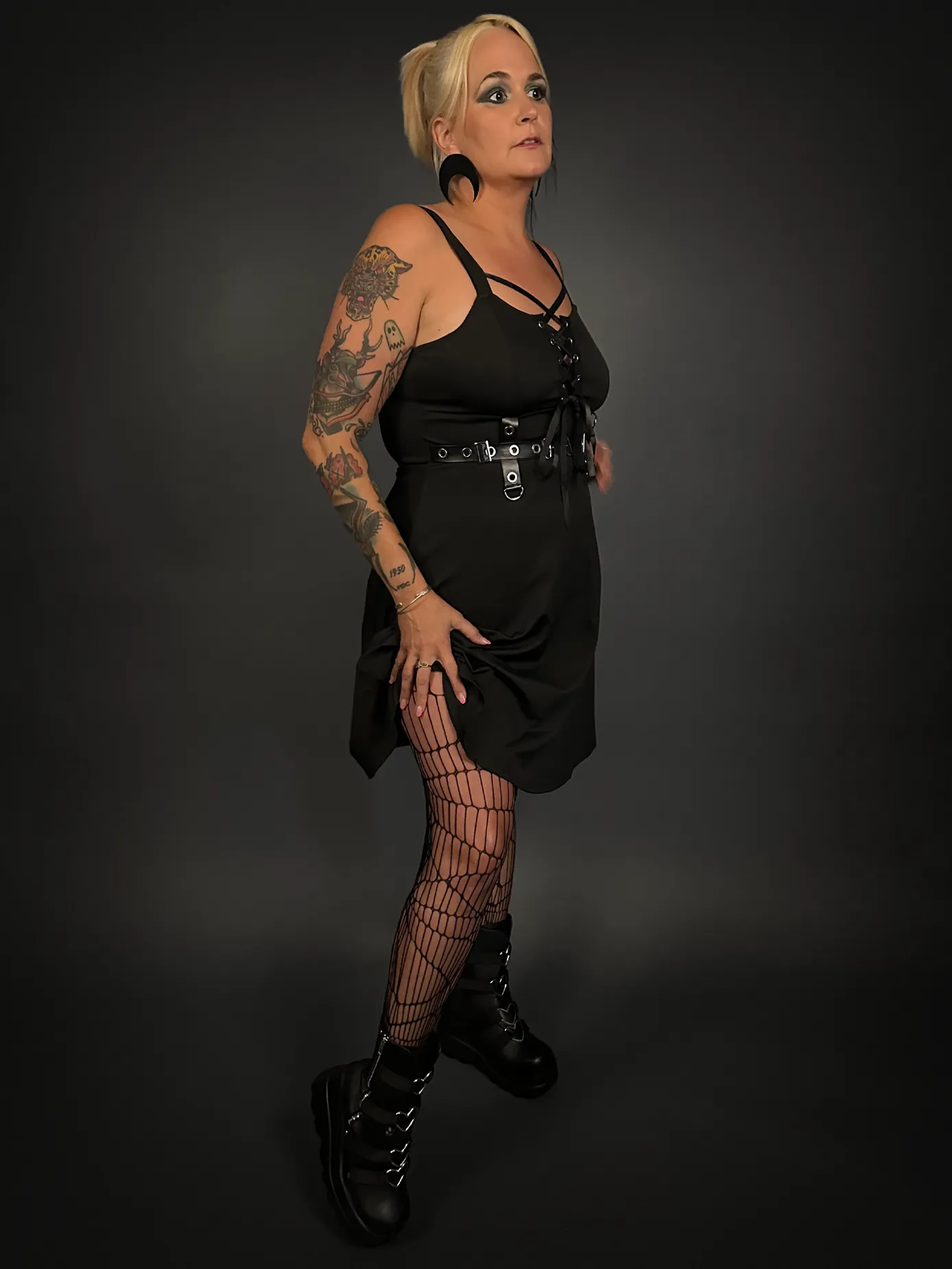 Outfit Set - Black Ribbon Lace-up Front A-line Goth Dress & Spider Web Tights Punk Style