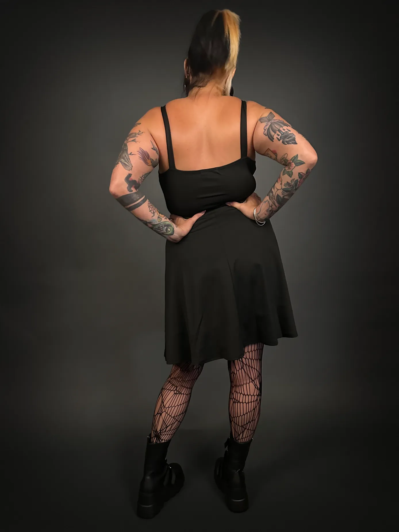 Outfit Set - Black Ribbon Lace-up Front A-line Goth Dress & Spider Web Tights Punk Style