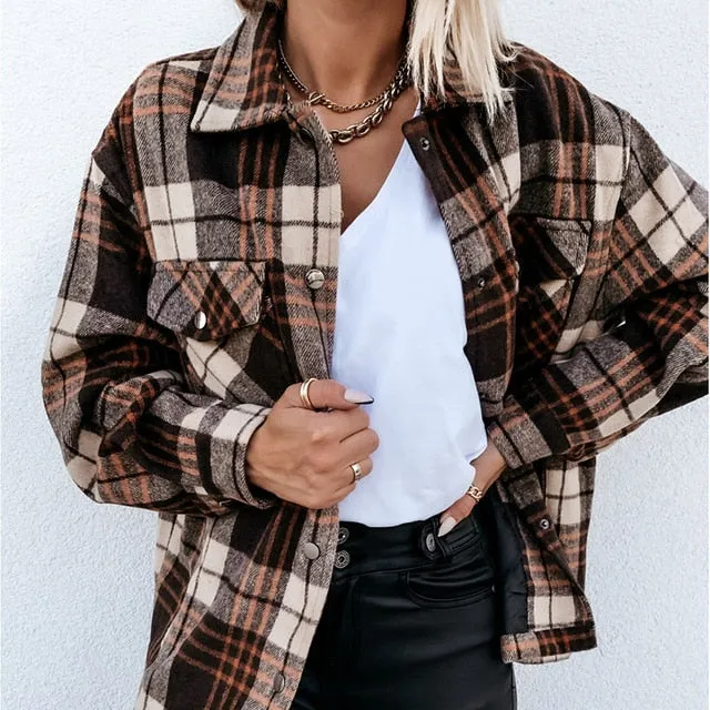 Over-sided Casual Plaid Long Sleeve Button Up Collared Jacket Top