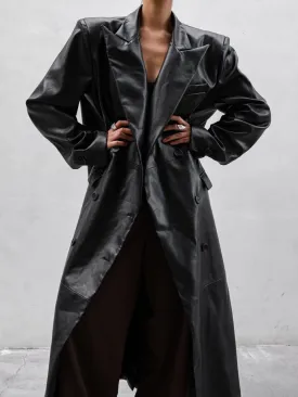 PEAKED LAPEL VEGAN LEATHER COAT