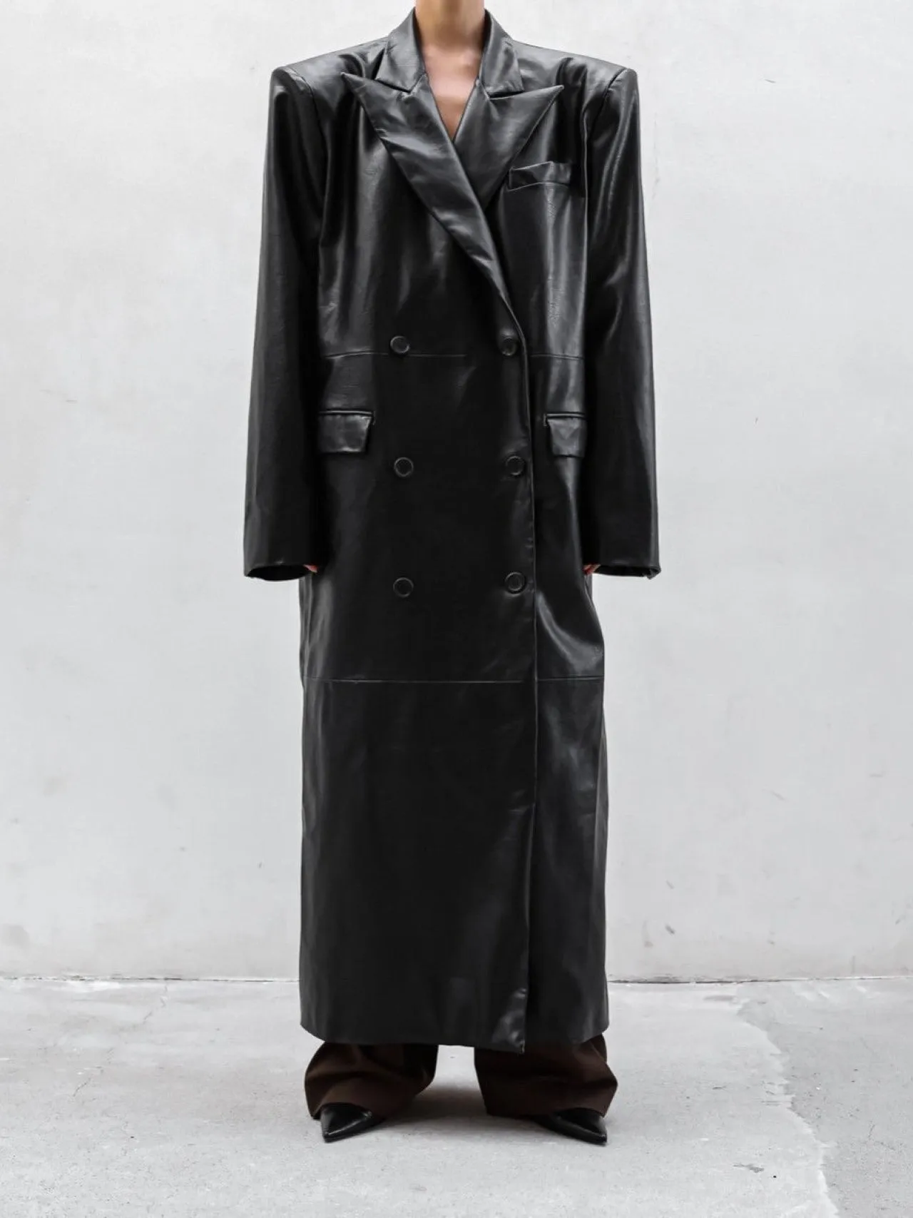 PEAKED LAPEL VEGAN LEATHER COAT