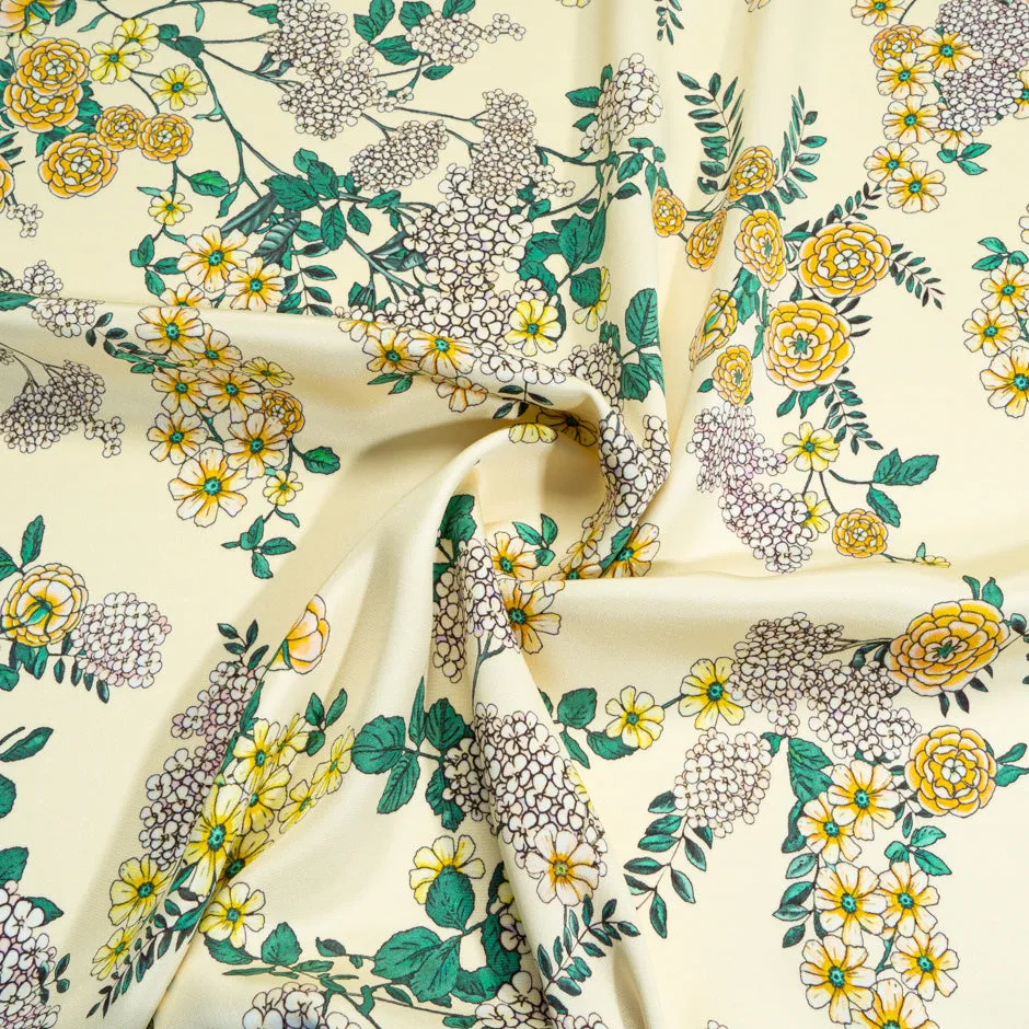 Petite Yellow Floral Printed Cream Silk Marocain Crêpe