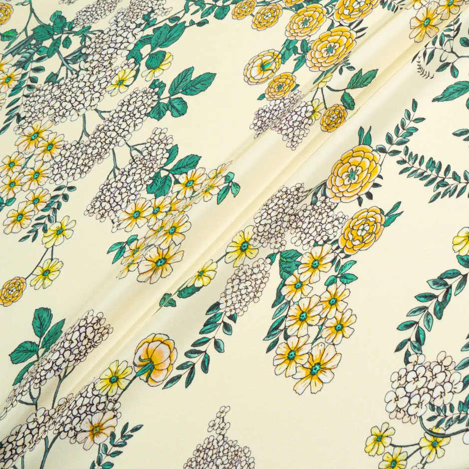 Petite Yellow Floral Printed Cream Silk Marocain Crêpe