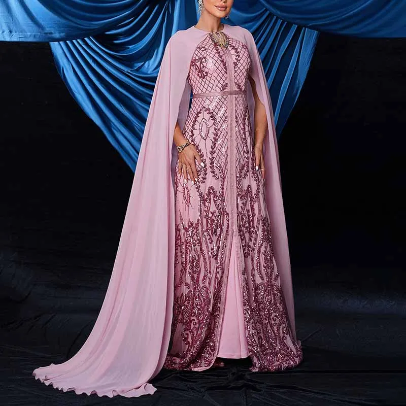 Pink Sequin Embellished Collar Cape Sleeve Prom Dress Event Ball Gown