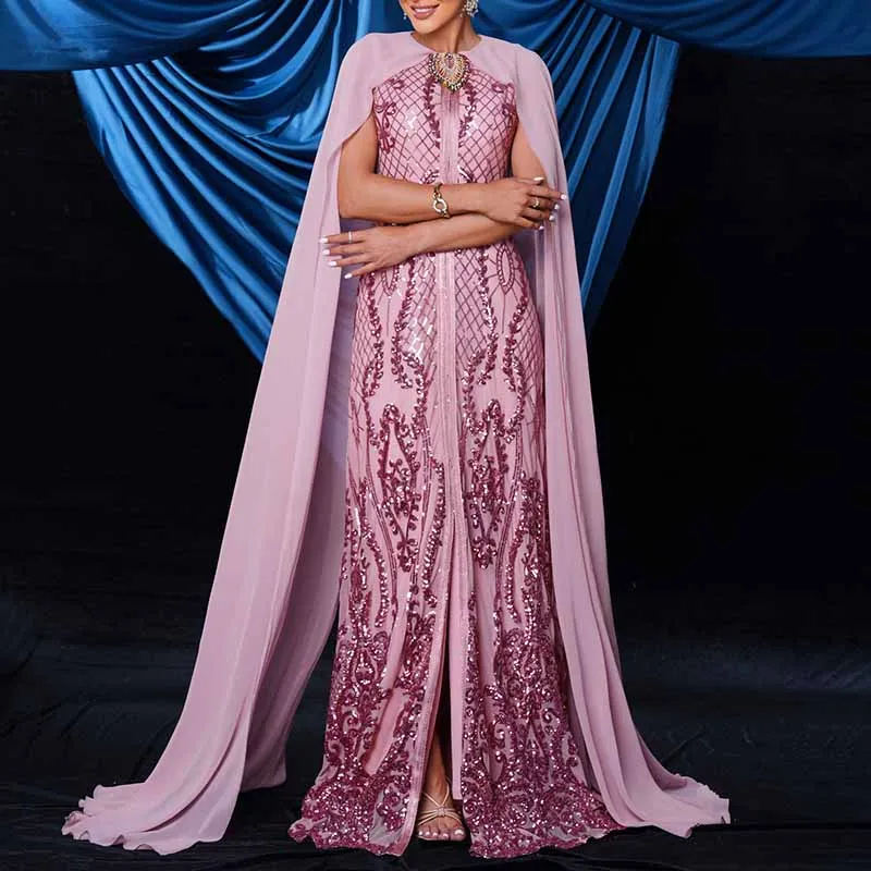 Pink Sequin Embellished Collar Cape Sleeve Prom Dress Event Ball Gown