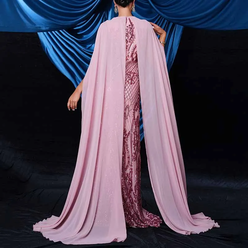 Pink Sequin Embellished Collar Cape Sleeve Prom Dress Event Ball Gown