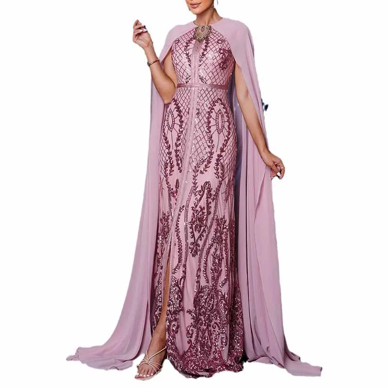 Pink Sequin Embellished Collar Cape Sleeve Prom Dress Event Ball Gown