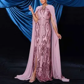 Pink Sequin Embellished Collar Cape Sleeve Prom Dress Event Ball Gown