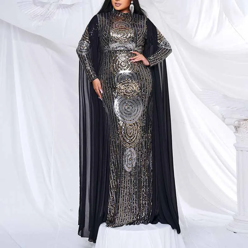 Plus Size Mermaid Sequin Formal Dress Black Ball Gowns with Cape