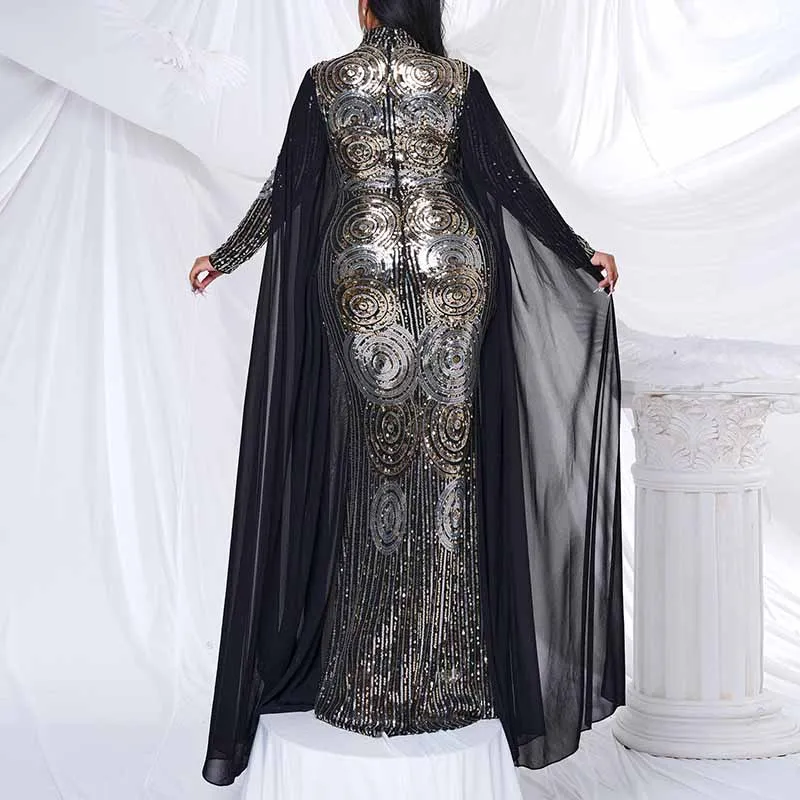 Plus Size Mermaid Sequin Formal Dress Black Ball Gowns with Cape