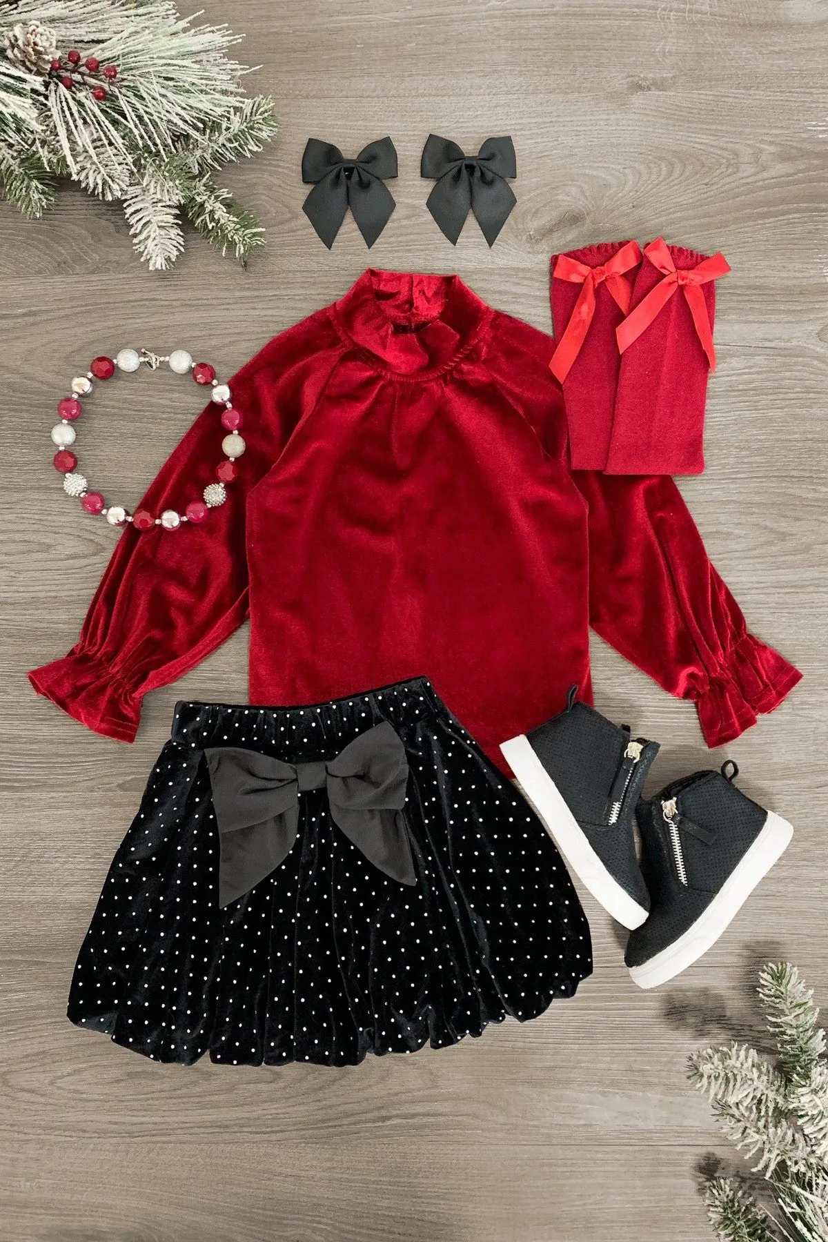 Red Velvet Polka Dot Glitter Skirt Set