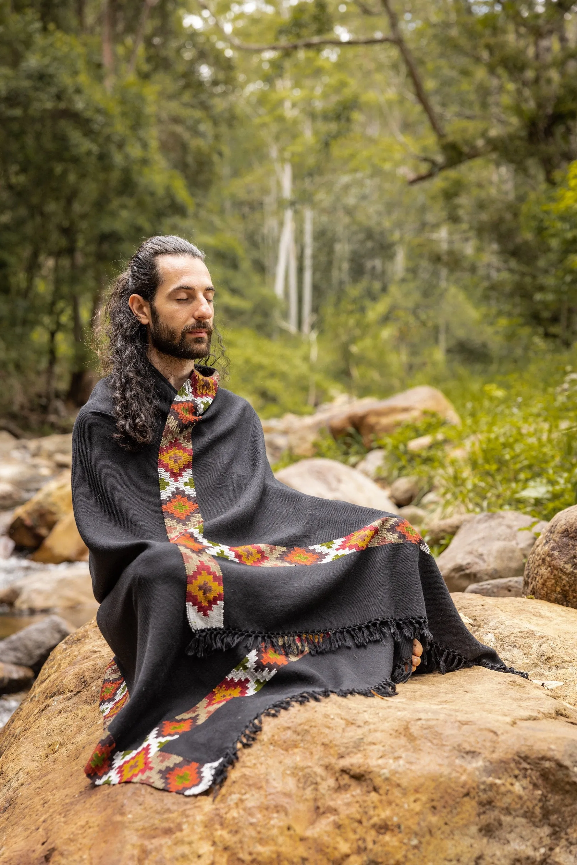 SADHU Black Handwoven Shawl Wool Meditation Prayer Scarf Blanket Premium Pure Cashmere Winter Tribal Zen Embroidery Boho Wrap AJJAYA