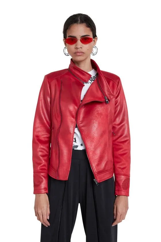 Slim Biker Jacket w/ Embroidery - Red